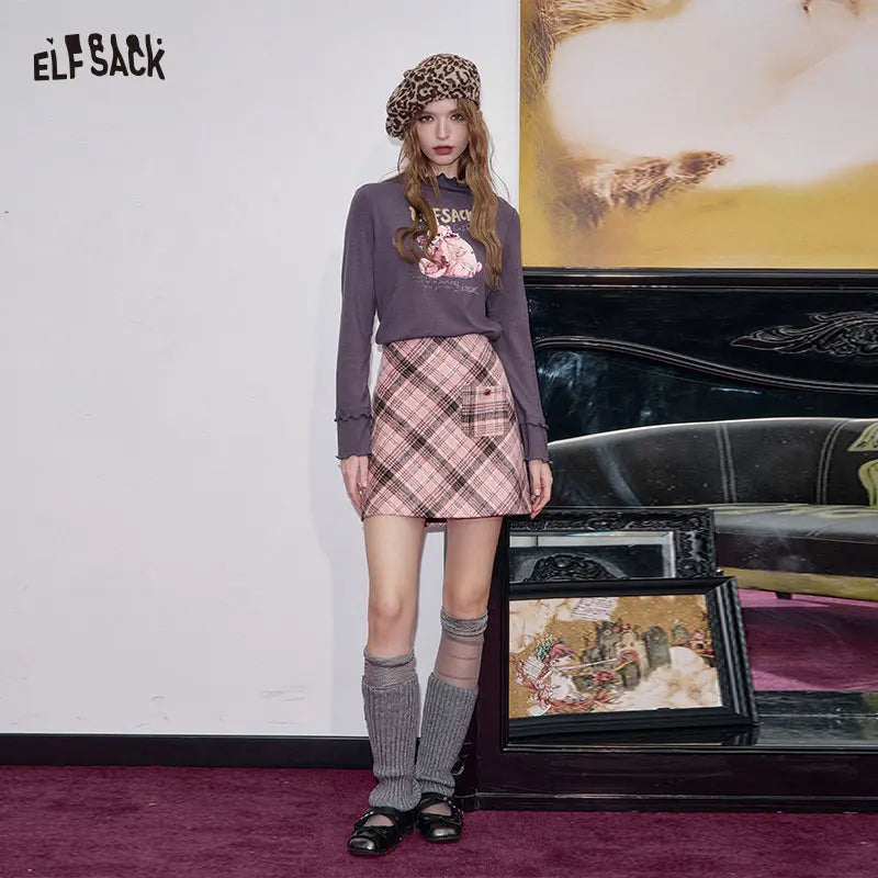 ELFSACK  Winter Casual Plaid Wool Blend Color Block A-Line Skirt For Woman
