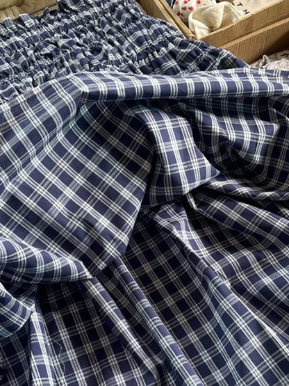 Blue Plaid Vintage Midi Skirt Women Summer New Elastic Waist Loose A-line Faldas Bottom Preppy Style Sweet Casual Long Skirts