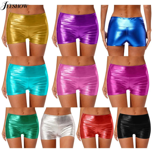 Womens Shiny Metallic Shorts High Waist Slim Fit Booty Shorts Jazz Dance Stage Performance Shorts Bottoms for Sports Gymnastics