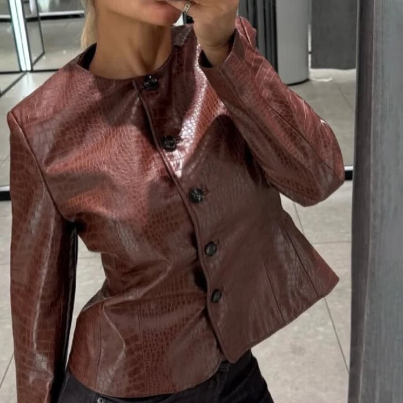 Women Croc Print Faux Leather Jacket Crew Neck Button Front Flared Peplum Hem Slim Fit Cropped Coat Street Ladies Outerwear