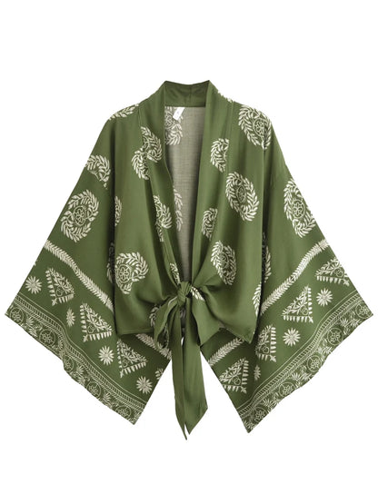 Vintage Women Fashion Boho Kimono Short Robe Swimsuits Floral Print Batwing Sleeves Bohemian Bikini Cover-Ups Beachwear