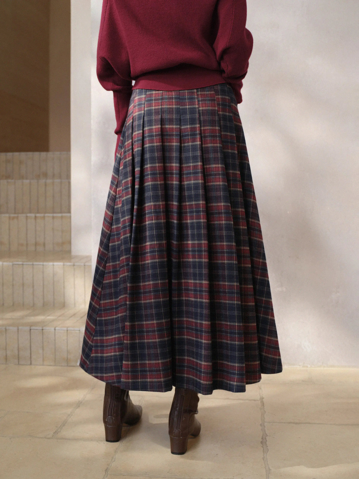 Vintage Plaid Pleated Long Skirt Women Lady High Waist A-Line Midi Skirt Preppy Elegant Winter Casual Daily Wear Style Outfit