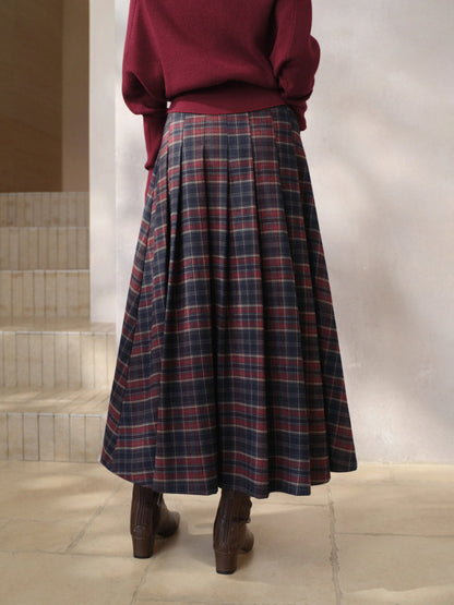 Vintage Plaid Pleated Long Skirt Women Lady High Waist A-Line Midi Skirt Preppy Elegant Winter Casual Daily Wear Style Outfit
