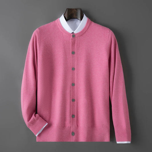 100% wool knitted round neck cardigan men's sweater small coat early autumn new long sleeve loose outside.