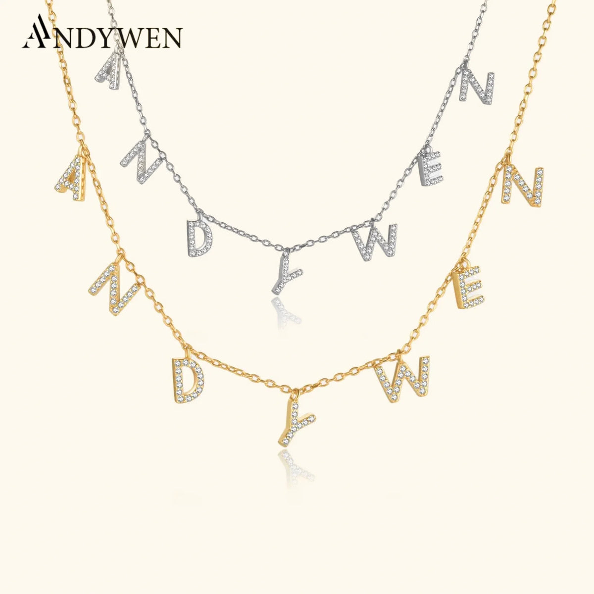 ANDYWEN 925 Sterling Silver Gold Personalized Name Pendant Necklace Alpahbet Birthday Gift Valentiens European Initial Jewelry