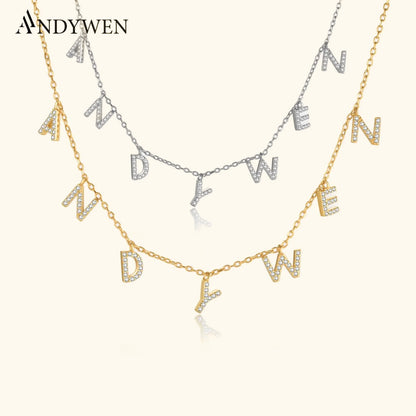 ANDYWEN 925 Sterling Silver Gold Personalized Name Pendant Necklace Alpahbet Birthday Gift Valentiens European Initial Jewelry