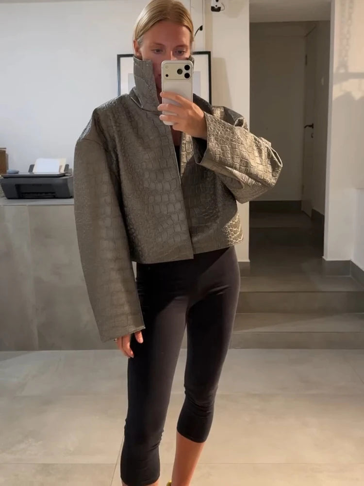Casual Pu Leather Women's Jacket Chic Solid Long Sleeve Stand Collar Female Outwear 2026 Autumn Winter Street Short Lady Jacket