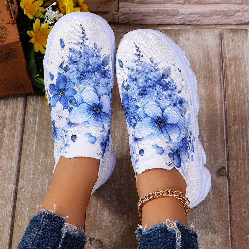 Fashion Printed Women's Running Sneakers Plus Size Knitted Breathable Mesh Casual Shoes Woman Comfortable Non Slip Walking Flats