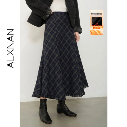 ALXNAN Gray Plaid Skirt High-waist Long A-line Checkered Fishtail Skirt Fall Casual Office Lady Elegant Tassel Skirts L57318