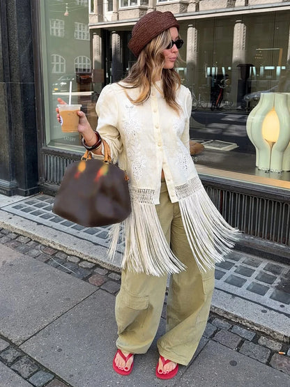 Women's Tassel Hem Vintage Tops Long Sleeved Single Breasted Button Out Stand Up Collar Coat Autumn Bohemian Street Daily Outfit