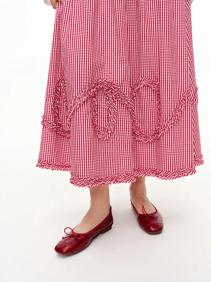 DUSHU Plaid Ruffled Hem Red Skirt Women 2026 Summer Relaxed Holiday Korean Style Loose-fitting Midi Skirt Age-reducing Citywalk