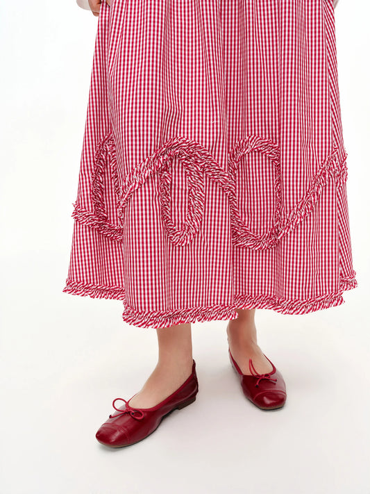 DUSHU Plaid Ruffled Hem Red Skirt Women 2026 Summer Relaxed Holiday Korean Style Loose-fitting Midi Skirt Age-reducing Citywalk