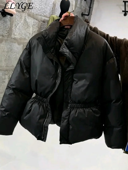Casual Women's Waist Cinched Padded Cotton Coats Stand Collar Zipper Full Sleeve Coat 2026 Autumn Winter Lady Down Jacket New