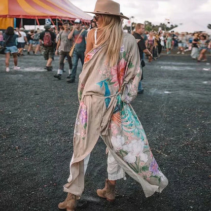 AYUALIN Kimono Sleeve Robe Kaftan Khaki Floral Print Boho Cardigan Sexy Side Slits Gypsy Beach Summer Long Women Blouses Blusas