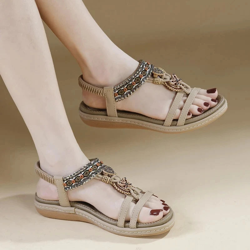 Women Sandals Bohemia Flats Shoes Elastic Band Summer Beach Sandals Flip Flops Designer Comfortable Sandals Ladies