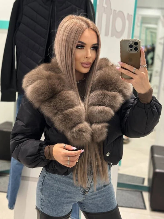Women Cropped Puffer Jacket Long Sleeve Big Faux Fur Collar Snap Button Warm Winter Outerwear Fashion Casual Party Short Coat