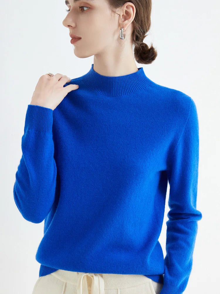 First-Line Seamless Women's Half-Turtleneck 100% Pure Wool Sweater Solid Color Long Sleeve Pullover Knitted Bottoming Sweater