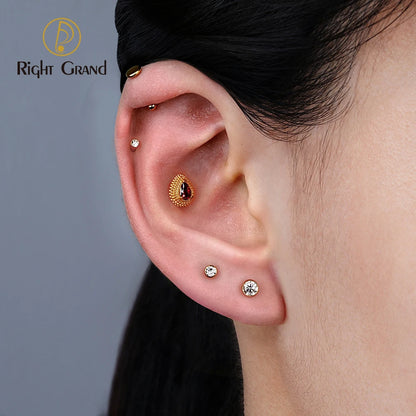 Right Grand ASTM F136 Titanium Pear Teardrop Opal& CZ Piercing Jewelry Flat Back Stud Cartilage Earring for Conch Helix Tragus