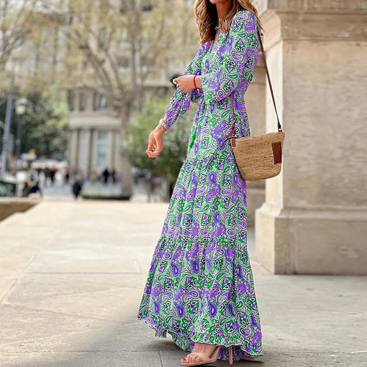 Women's Printed V-Neck Long Dress