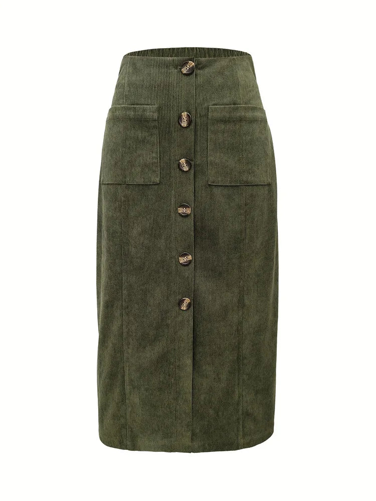 Causal Green Pocket Corduroy Long Skirt Women 2026 Winter High Waist Office Midi Skirt Ladies Elegant Elastic Button Work Skirt