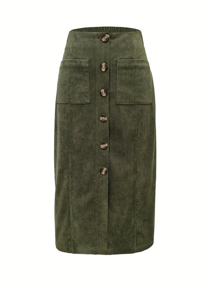 Causal Green Pocket Corduroy Long Skirt Women 2026 Winter High Waist Office Midi Skirt Ladies Elegant Elastic Button Work Skirt