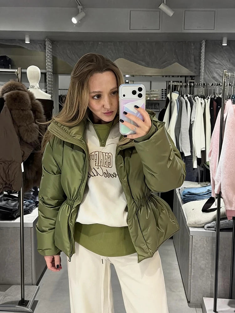 Women Stand Collar Puffer Jacket Waist Cinched Zipper Long Sleeve Warm Padded Coat 2026 Winter Commuter Lady Quilted Outerwear