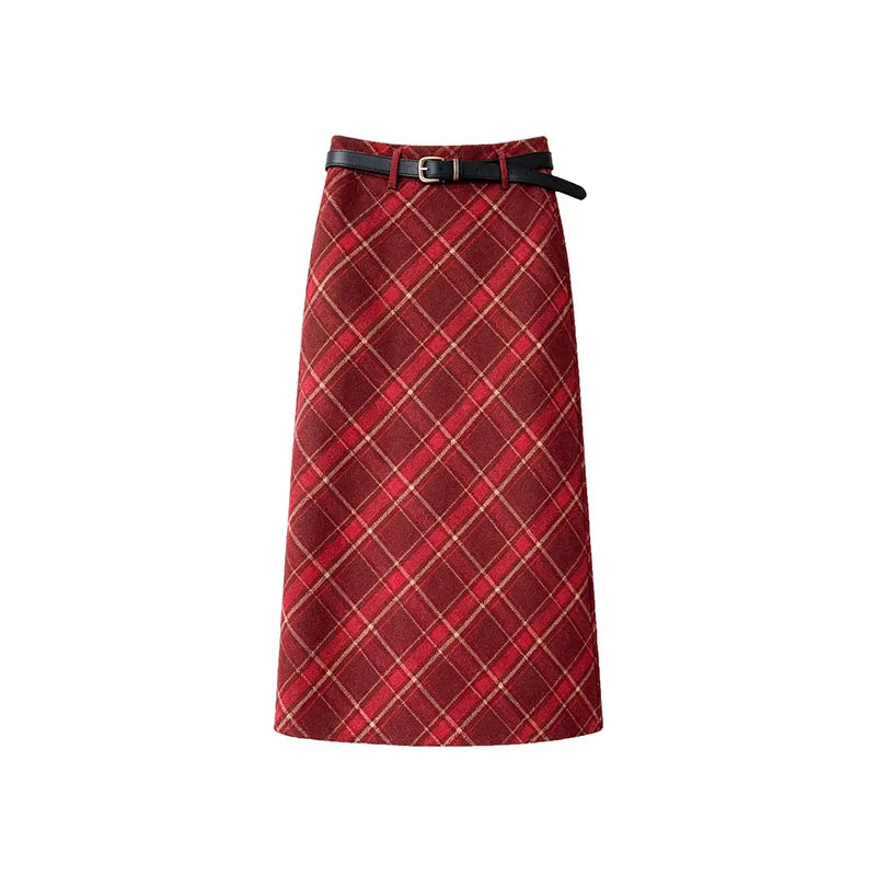 Plaid Woolen Skirts Women New Fashion 2026 Autumn Winter High Waisted Straight Midi Skirts Woman Preppy Style Retro Long Skirt