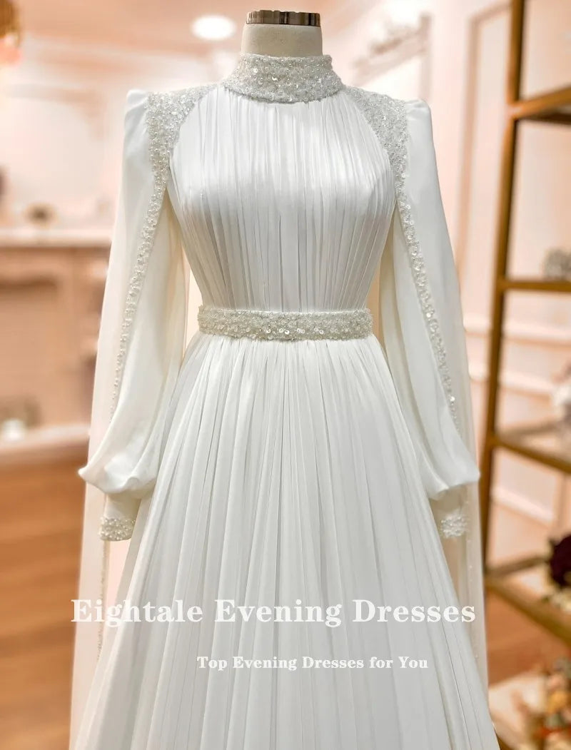 Eightale Arabic Wedding Dress High Neck Customized Ivory Bridal Gown Long Sleeves Muslim A-Line Sequin Bride Party Dress