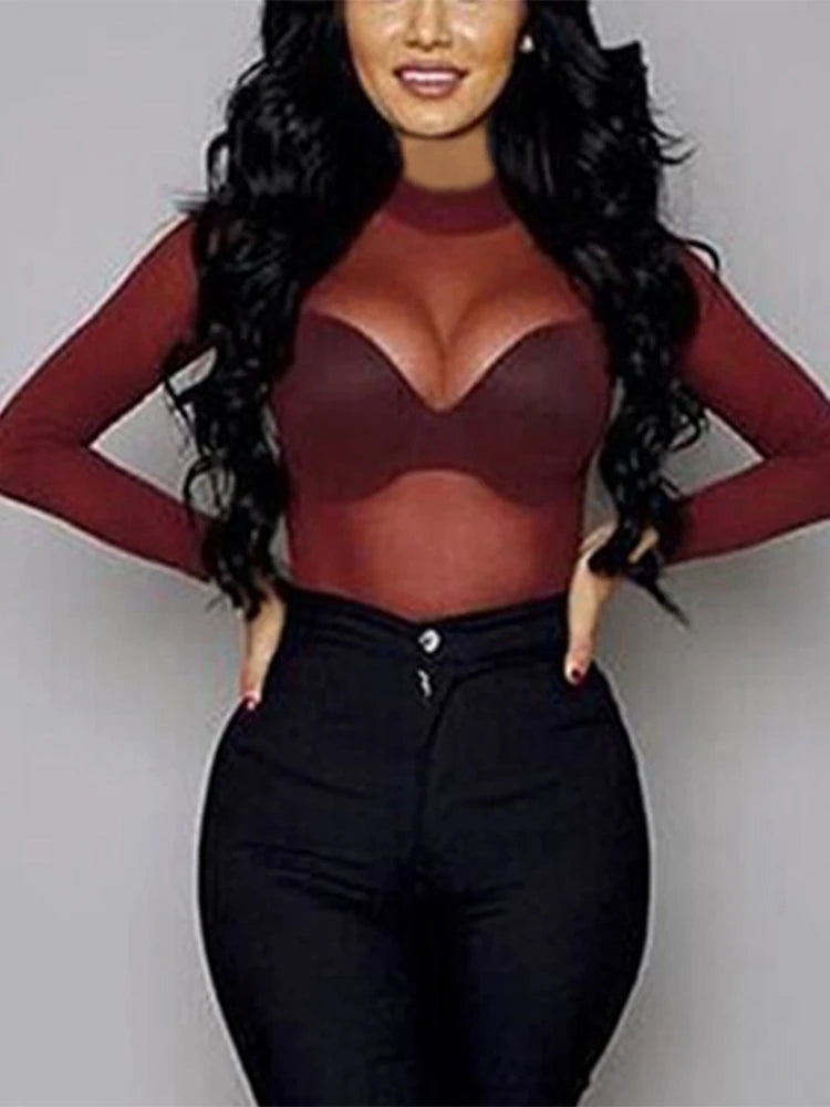 2025 Sexy Women Blouses See Through Transparent Mesh Stand Neck Long Sleeve Sheer Blouse Shirt Ladies Tops Tee