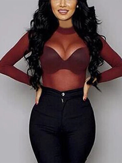 2025 Sexy Women Blouses See Through Transparent Mesh Stand Neck Long Sleeve Sheer Blouse Shirt Ladies Tops Tee