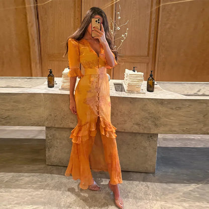 Organza Floral Printed Maxi Dress Women V Neck High Split Puff Sleeve Waist Cinching Ruffle Long Dresses Vacation Summer Outfits