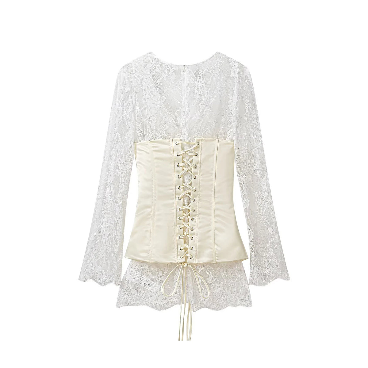 Fashionable Short Lace Splice Long Sleeve Ribbon Tie Dress Women's Autumn 2026 New Arrival Individual Personality Dress