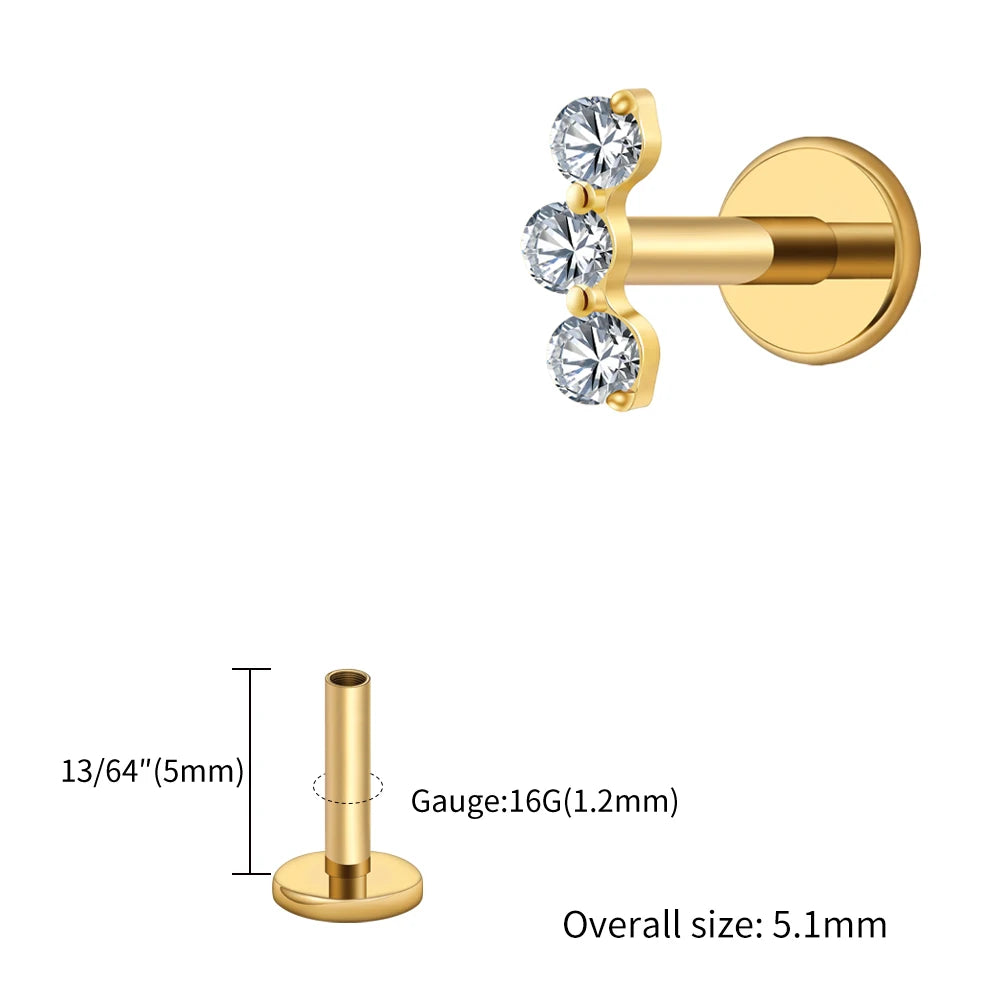 Right Grand ASTM F136 Titanium Triple CZ Helix Tragus Flat Back Earring 16G Dainty Ear Climber Cartilage Stud Piercing Jewelry