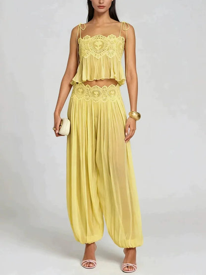 Women Pink Chiffon Lace Trim Pants Suit Sleeveless Strap Crop Top Boho Holiday Matching Sets 2026 Seaside Vacation Casual Outfit