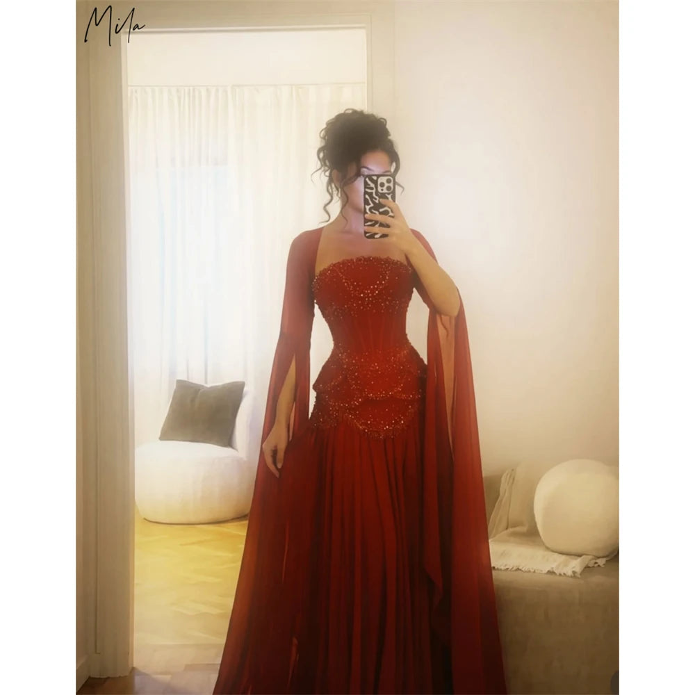 Mila Customized Burgundy Beaded With Shawl Prom Dress Strapless A-line Pleat Formal Evening Floor-Length Vestidos De Fiesta