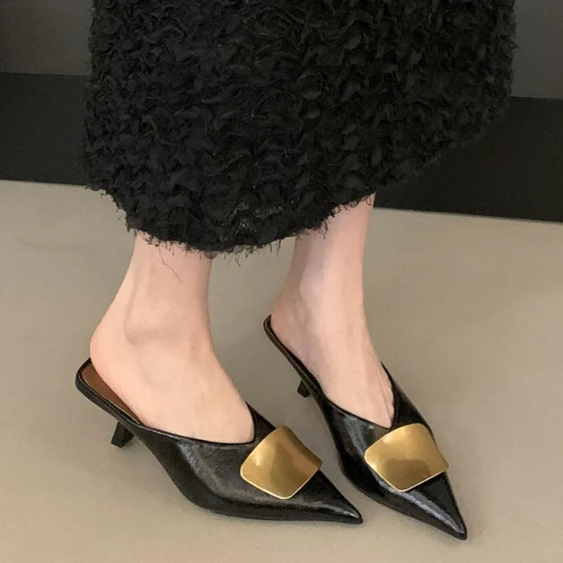 Maogu Luxury Slides Pointed Toe Ladies Shoes Summer Fashion Footwear Thin Mid Heels Shoe Slides Slippers Women 2025 Chain Mules