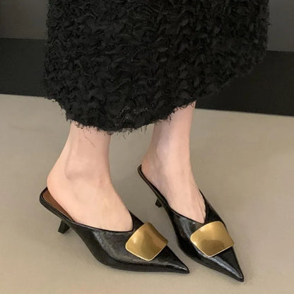 Maogu Luxury Slides Pointed Toe Ladies Shoes Summer Fashion Footwear Thin Mid Heels Shoe Slides Slippers Women 2025 Chain Mules