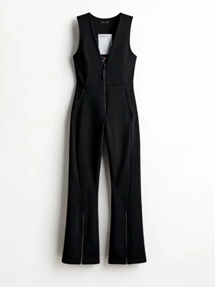 Chic Black Stand Collar Skiwear Women Cause Full Sleeve Waist Cinching High Waist Slim Jumpsuit 2026 Lady Winter Warm Outfit New