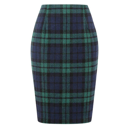 Women Tartan Plaid Thick Woolen Pencil Skirt Lined Back Invisible Zipper High Waist Bodycon Midi Skirt For Daily Casual Outings
