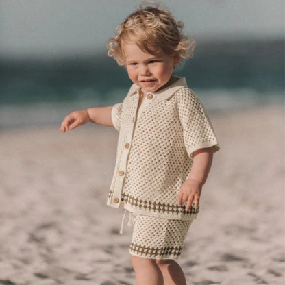 DGUKYM New Summer Baby Clothes Hollow Out Turn-down Collar Knitted Sweater Cardigan Shorts Set Baby Sweater Two-piece Set