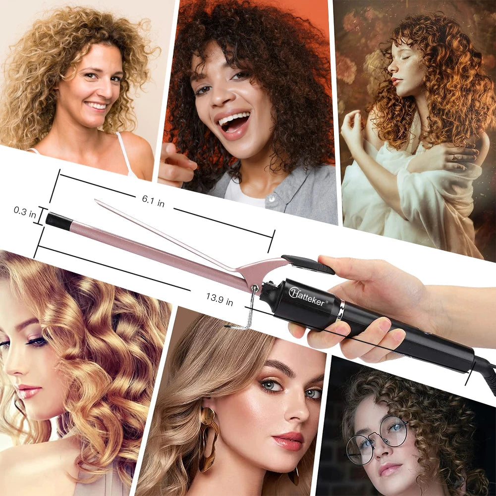 Hatteker 9mm Professional Hair Curler Ceramic Barrel Iron Smart Auto-Off Women's Wet/Dry Constant Temperature Protection Tool