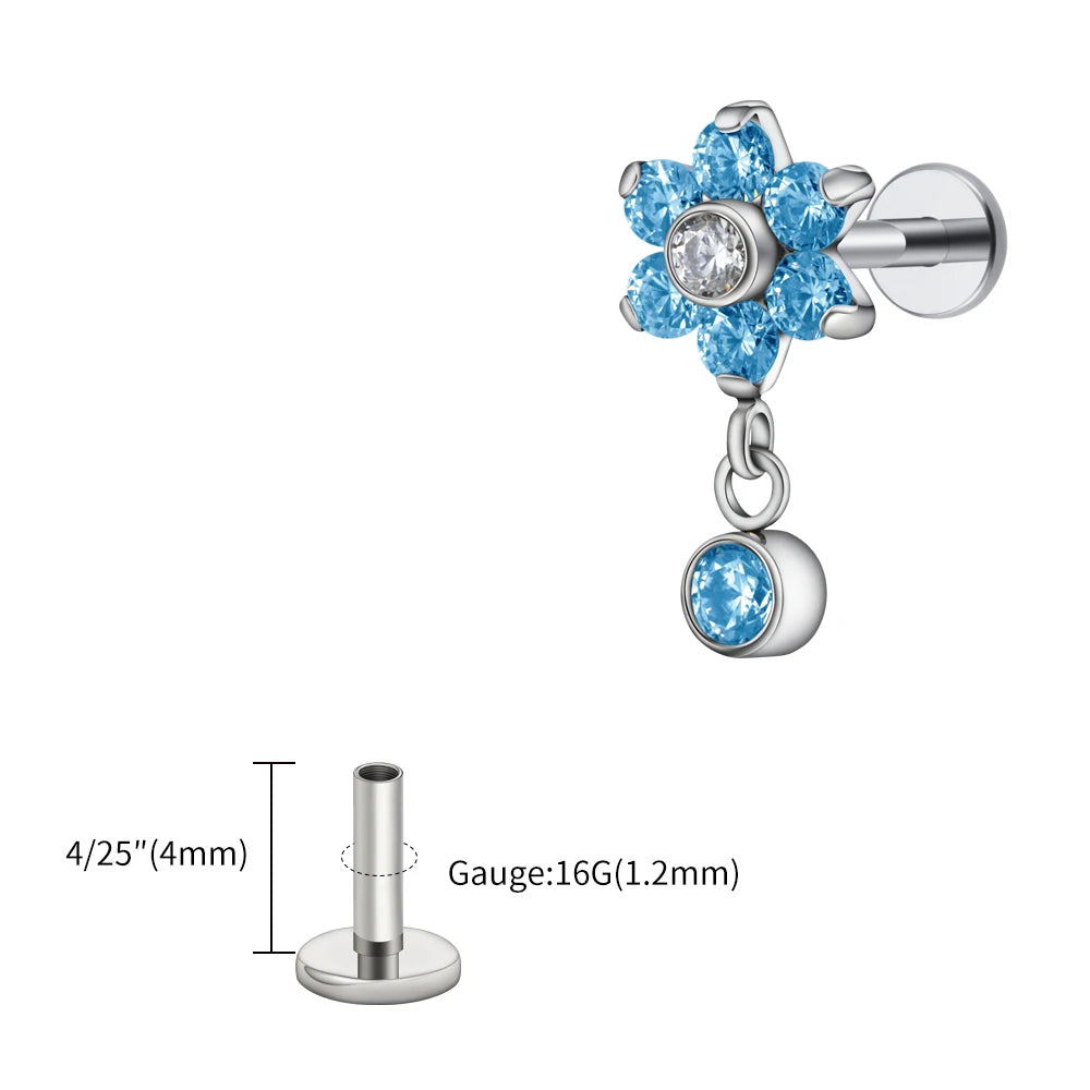 Right Grand ASTM F136 Titanium 16G Flower CZ Drop Dangle Flat Earring Tragus Helix Lobe Stud Piercing Jewelry
