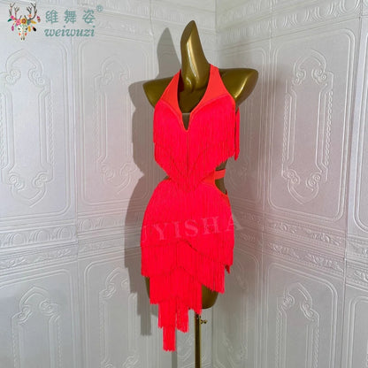 Latin Dance Competition Show Custom Adult Children's Red Fringe Dance Dress Ballroom Rumba Chacha Tango Performance Wear