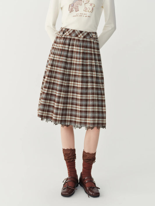 FSLE 2026 Fall Winter Women's Elegant Vintage Lace Preppy Plaid High Waist Flattering A-Line Midi Skirt - Chic for Daily Wear