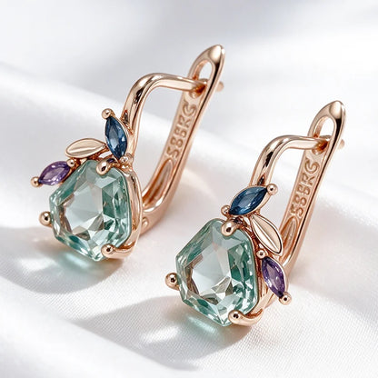 Wbmqda Light Green Stone Flower Shape Earrings For Women 585 Rose Gold Color Fashion Holiday Jewelry Accessories