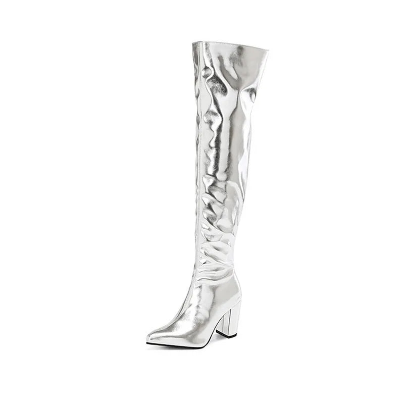 Women's Metallic Over-the-Knee Block-Heel Boots