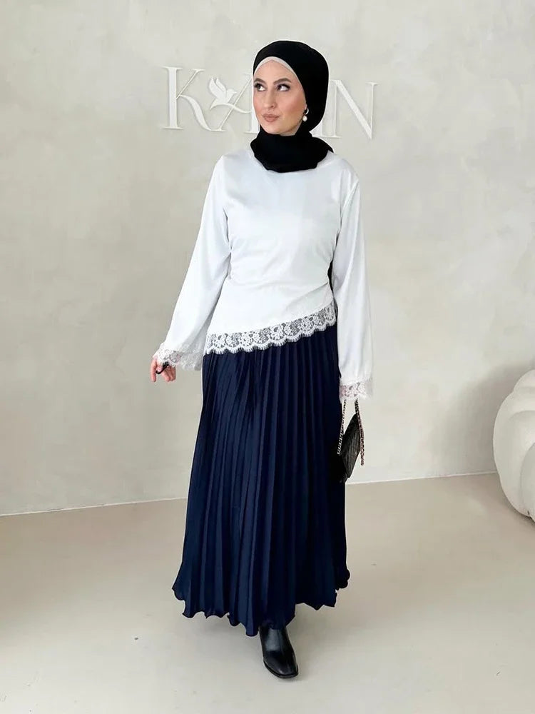 Women Elegant Satin Lace Patchwork Top O-neck Loose Long Sleeves Lace Up Shirt 2026 Female Spring Autumn Lady Chic T-shirt