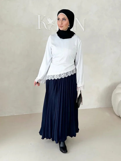 Women Elegant Satin Lace Patchwork Top O-neck Loose Long Sleeves Lace Up Shirt 2026 Female Spring Autumn Lady Chic T-shirt