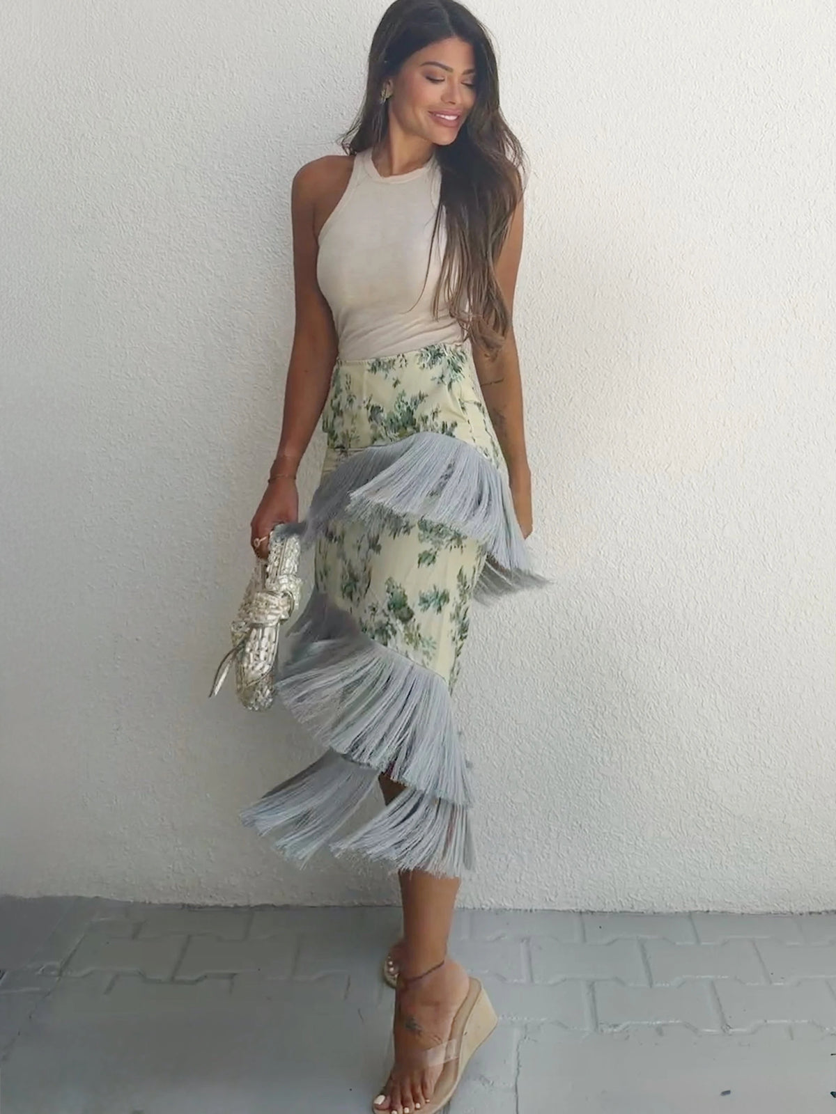 Women Chic High Waist Flower Print Dresses Asymmetric Tassel Border Splicing Bottom Dress Female Holiday Beach Party Long Skirt