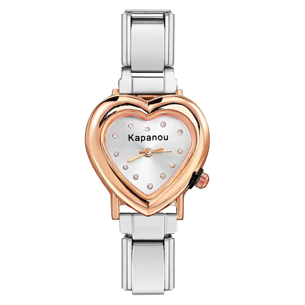 URING Colorful Classic Quartz Heart Watch Dial & Connector Fit 9mm Stainless Steel Italian Charm Link Jewelry for Women Men Gift